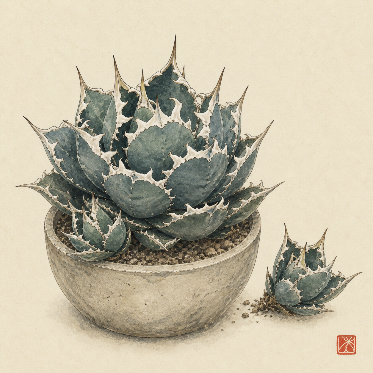 親株の根元に子株がついた墨絵
