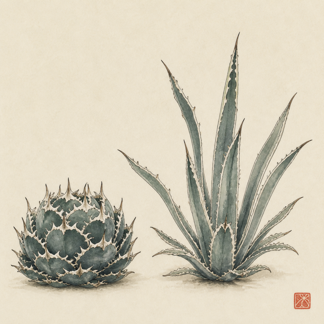 締まった株と徒長した株を並べた墨絵