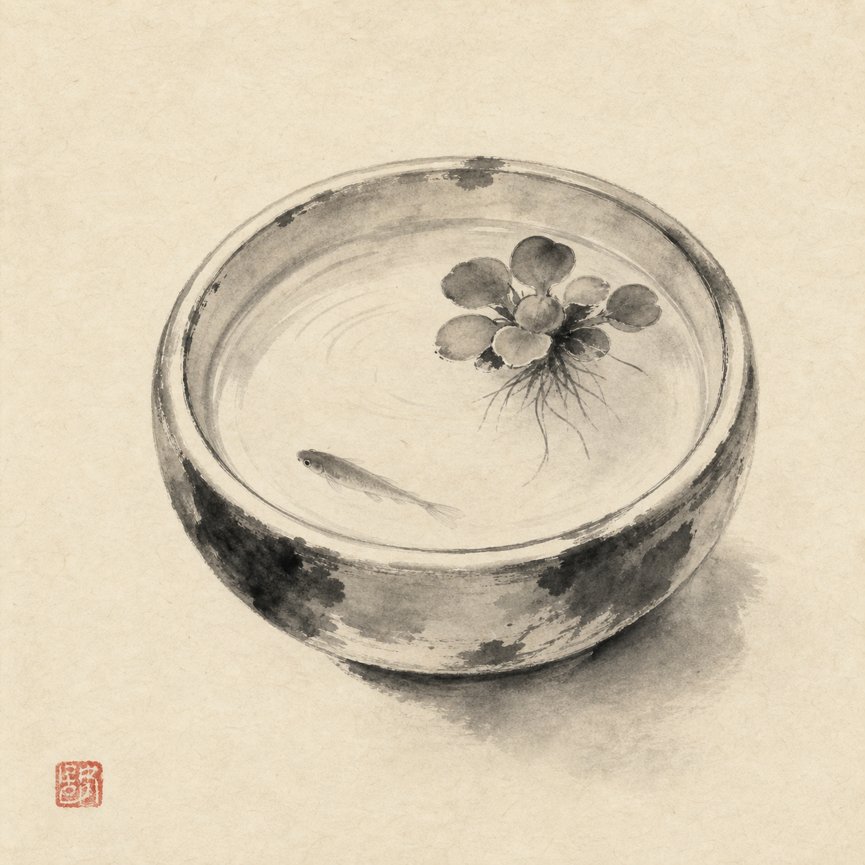 めだか鉢の墨絵