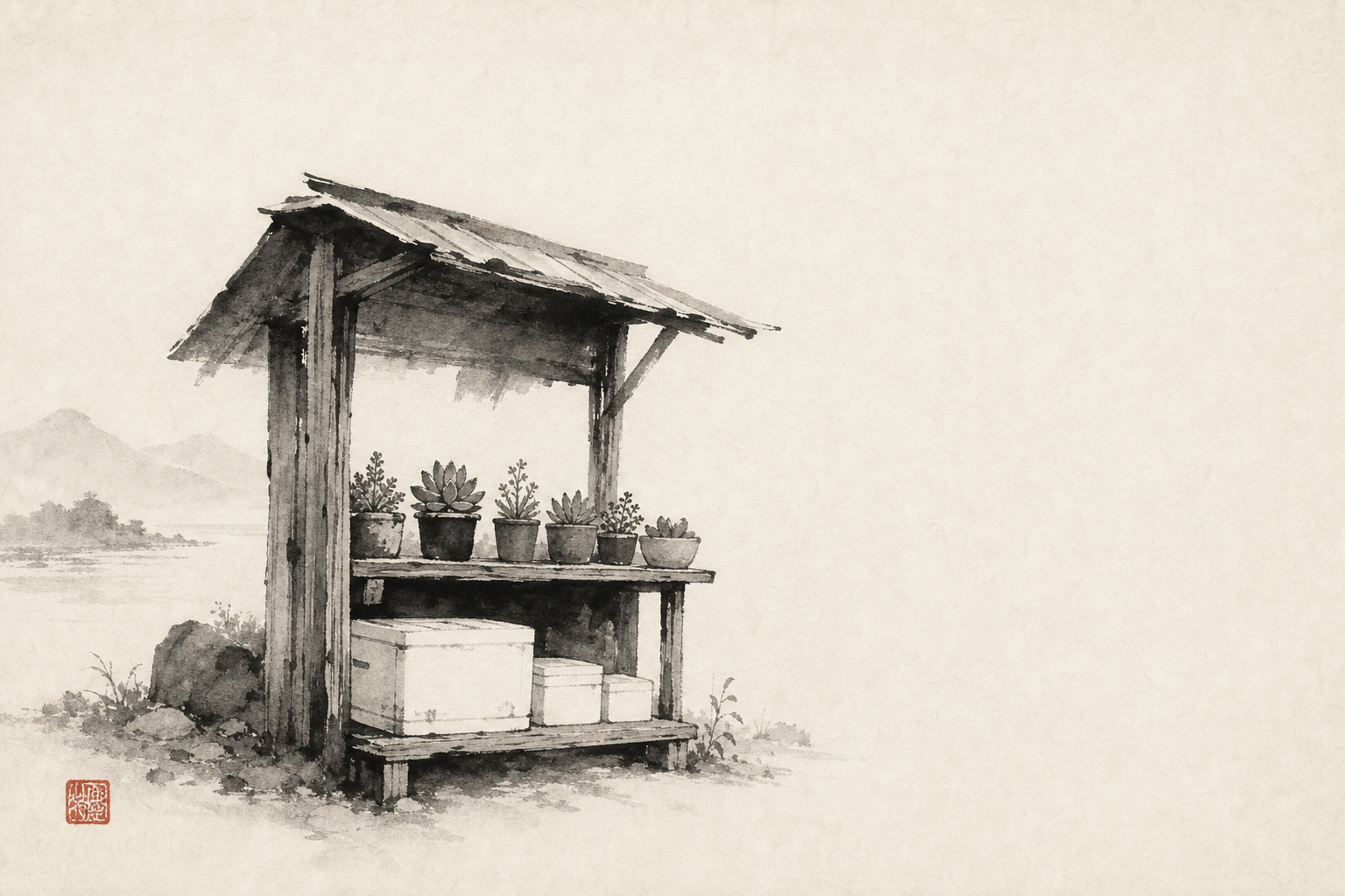 無人販売所の墨絵