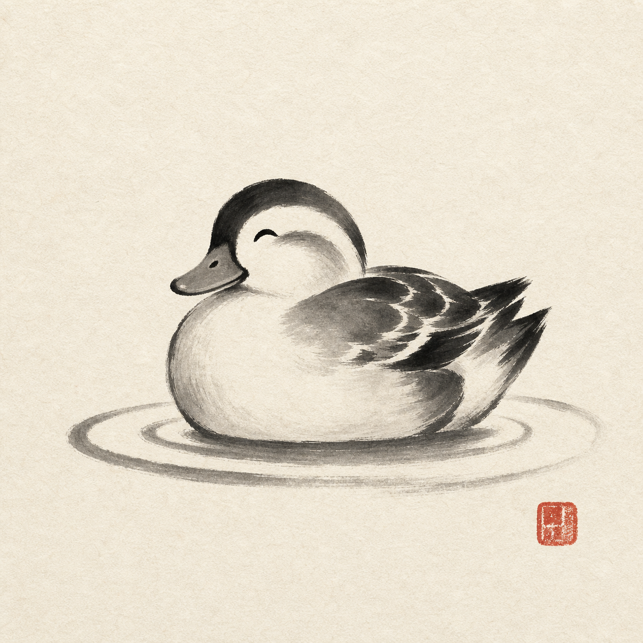水辺で休むあひるのガーコの墨絵
